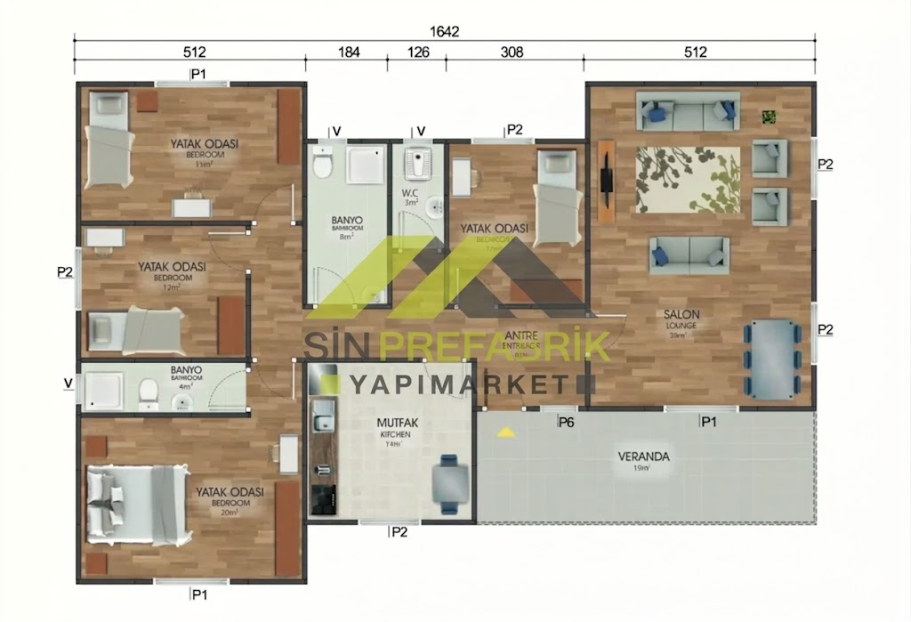 4+1 Tek Katlı Prefabrik Ev 166 m2